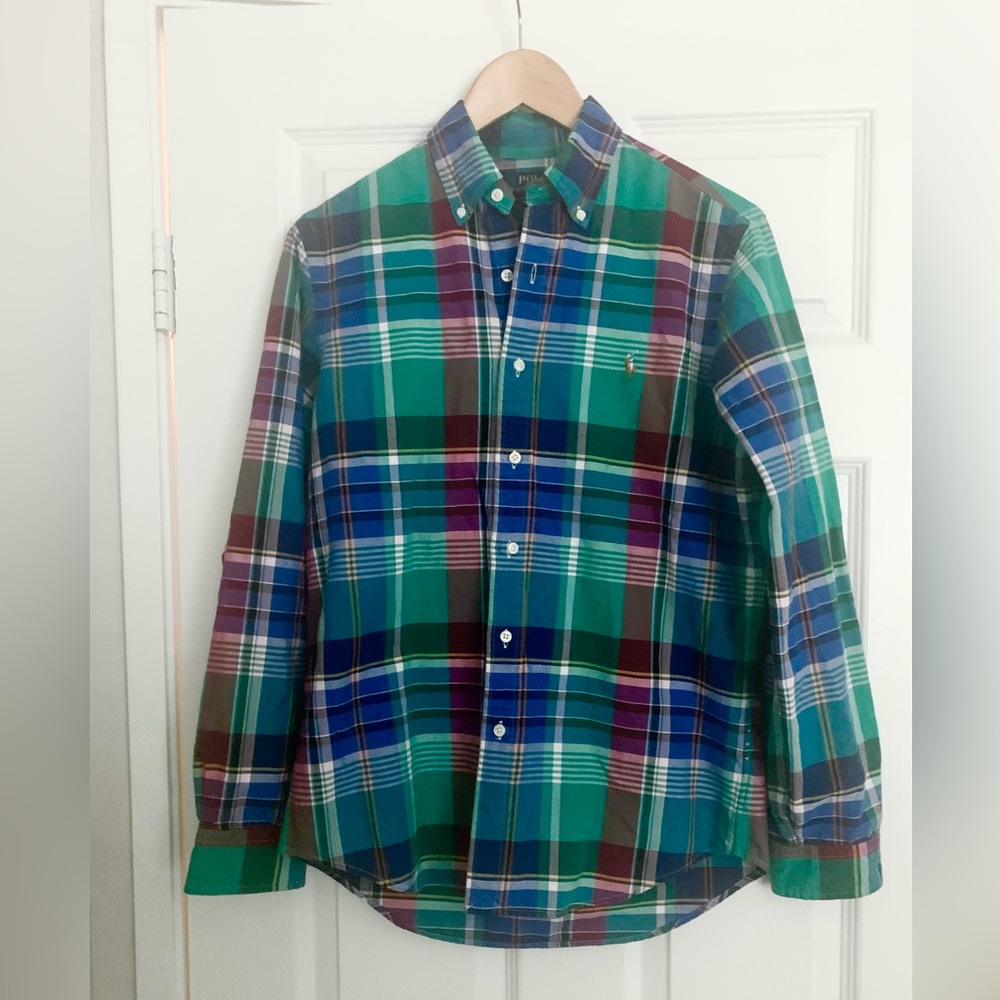 Polo Ralph Lauren Men’s Green and Blue Oxford Check Casual Button Down Shirt